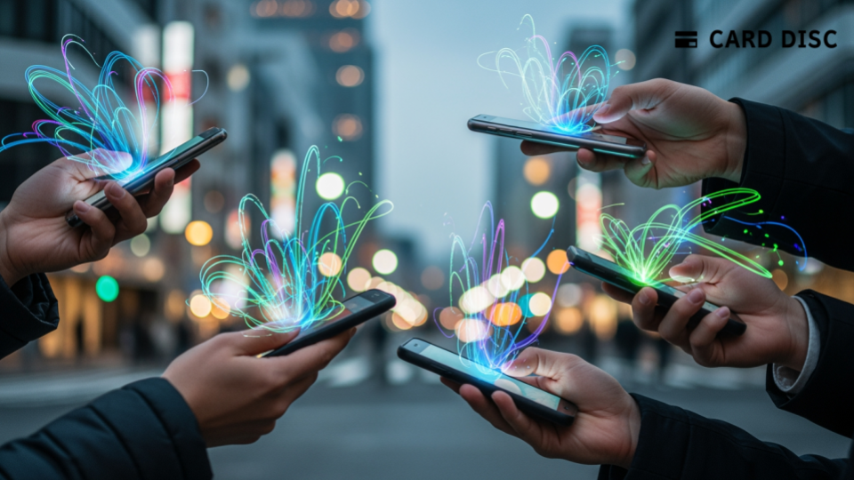 Airwallex、3.3億ドルのシリーズG調達完了を受け、都市でのデジタル決済の様子。手に持たれたスマホと抽象的な光が印象的。