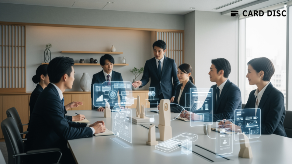 支払い.comに関連するビジネスシーン。日本の現代オフィスで、経済的解決策を話し合うビジネスプロフェッショナルたちの様子を描写しています。