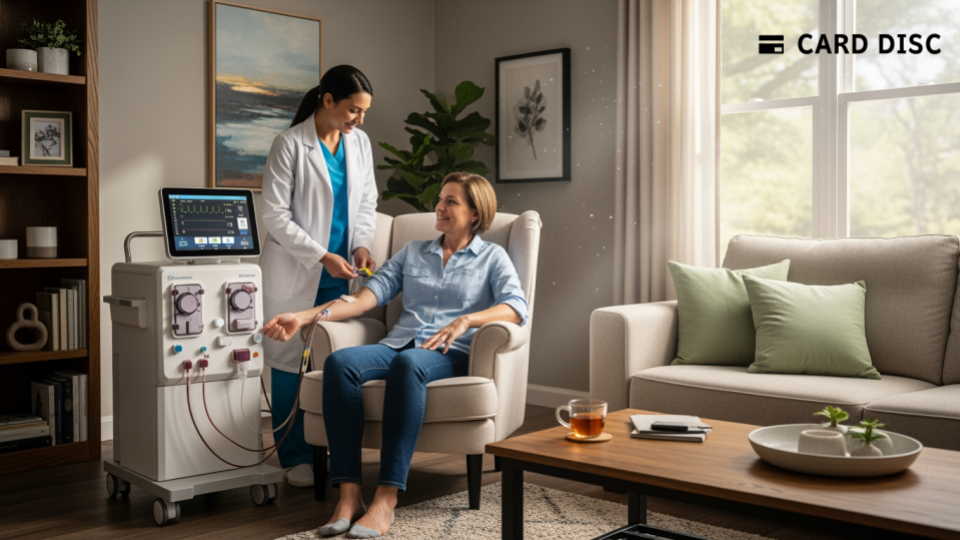 フィジオロガスが在宅血液透析を促進するためのシーン。医療従事者と患者がリラックスした環境で接する様子が描かれており、医療機器が強調されています。