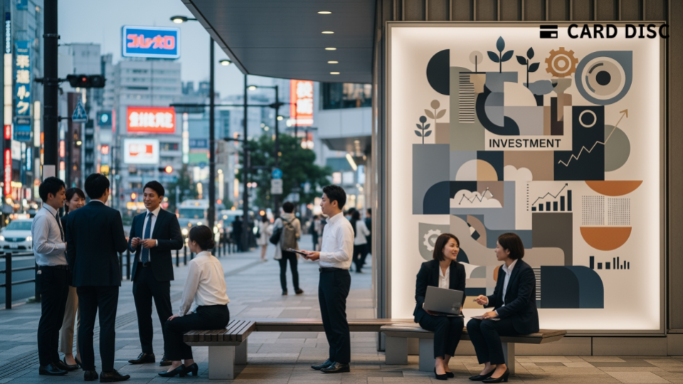 個人投資家が売掛債権に投資できる「おカネのこづち」に関するシーン。都市の中で財務の議論をする人々を描いています。