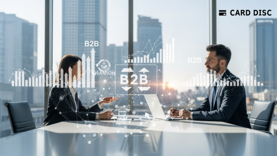 請求書カード払い by GMOに関するビジネスシーンを表現した画像。会議中のビジネスパーソンが資金繰りや取引について議論している様子を描写。