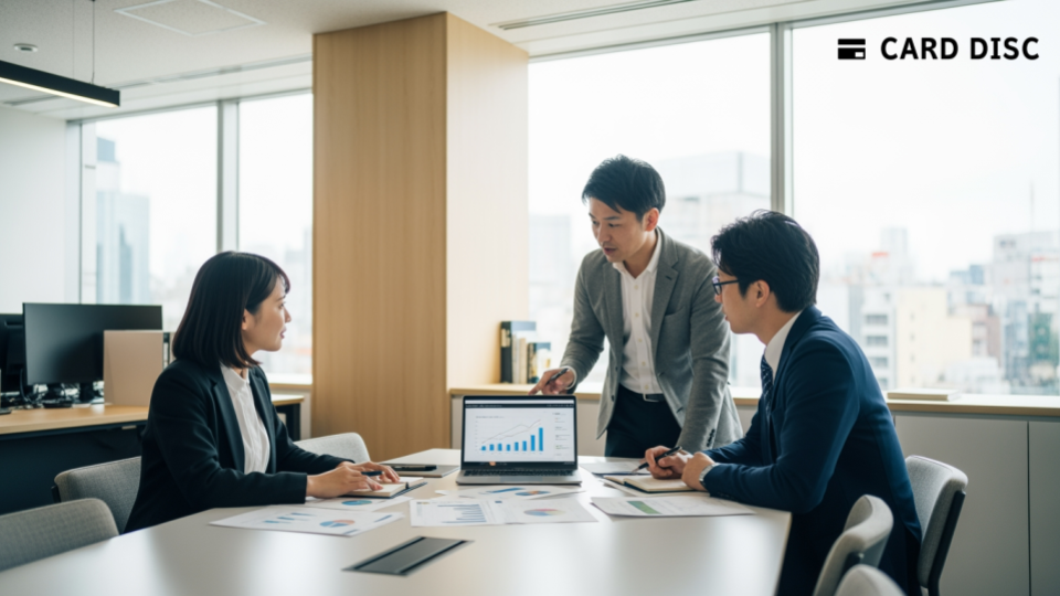 JCB請求書カード払いに関する解説記事用。現代的なオフィスでのビジネスミーティングの様子。