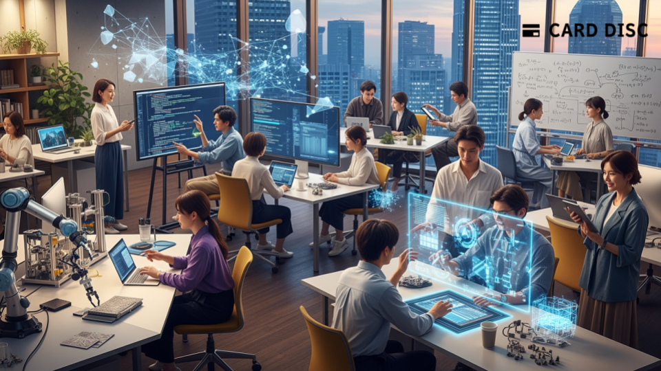 Jizaiの資金調達に関連する都内のテクノロジーなスタートアップシーン。AIとロボティクスの革新を感じる明るいオフィス環境。