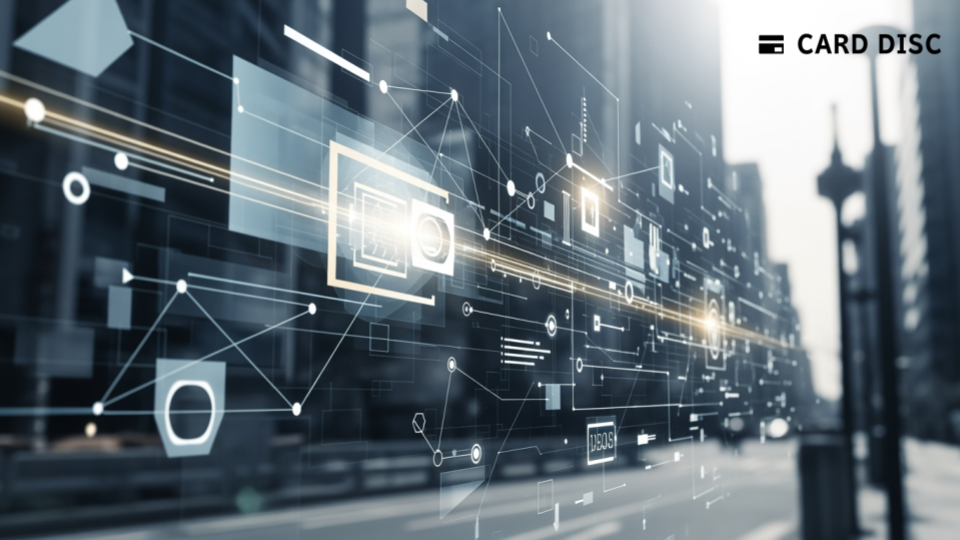 labolカード払いを活用した資金繰りのイメージ。現代日本の都市背景の中で、ビジネス取引の活発さを抽象的に表現しています。