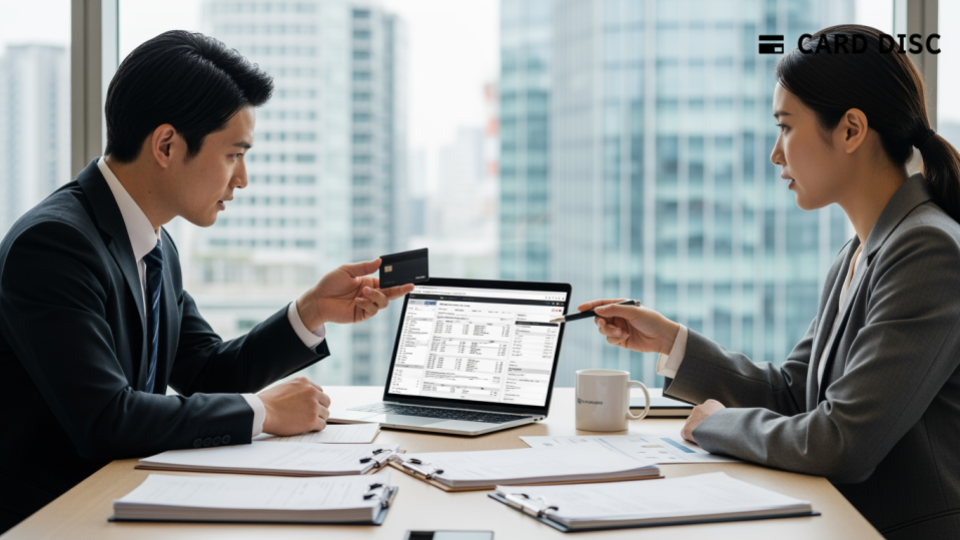 SBPS請求書カード払いとは?日本のオフィスでビジネスマンが請求書や決済ソリューションについて話し合う風景。