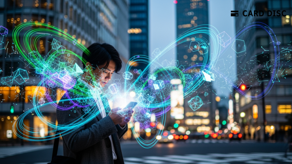 ScowttがシリーズAで1200万ドル調達。都市の街並みでスマホを使う人々を描写し、AIやデジタルマーケティングの概念を表現したシーン。