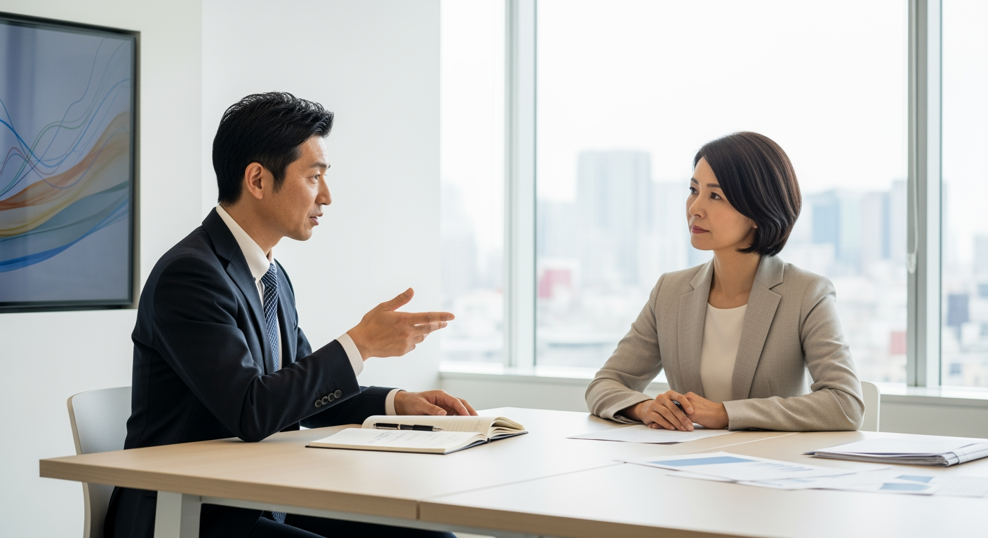 税理士の菅原由一氏が提言する繰延節税商品の活用法について話すビジネスシーン。資金繰りの重要性と節税の違いを解説している様子です。