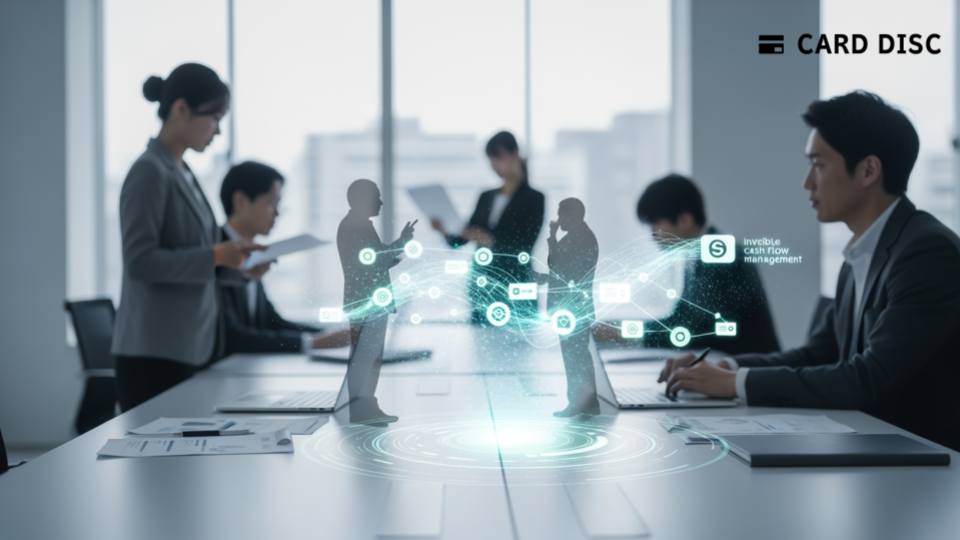 Vankable請求書カード払いの解説記事に関連する現代の日本のオフィス環境、抽象的な金融取引の雰囲気を捉えた画像です。