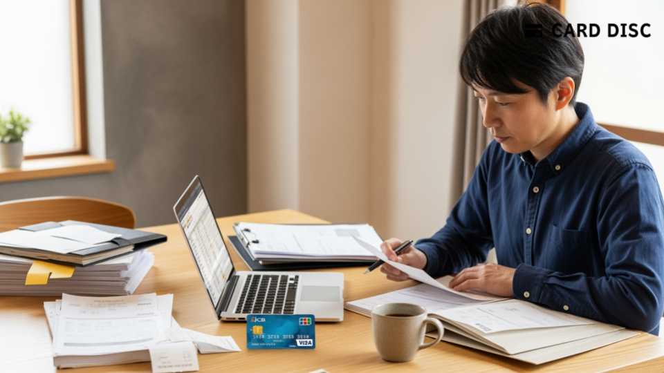 弥生 請求書カード払いを利用する中小企業の経営者が、請求書とクレジットカードを使って資金繰りを改善する様子を描写しています。